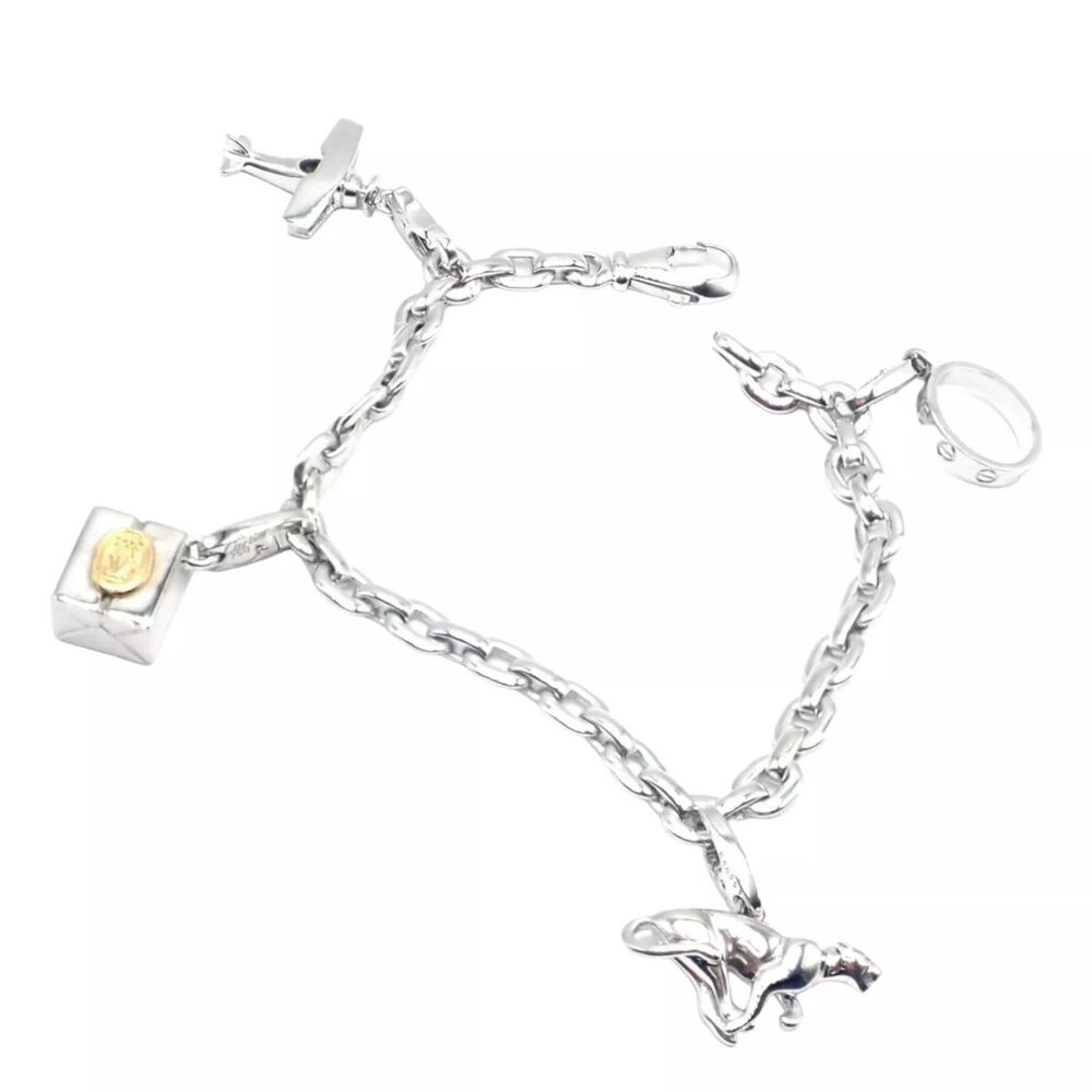 Authentic Cartier 18k White Gold 4 Charm Panther Airplane Love Box Link Bracelet